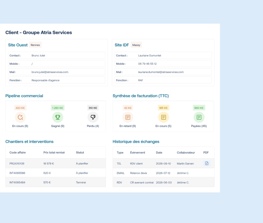 Fiche client dans le CRM BTP